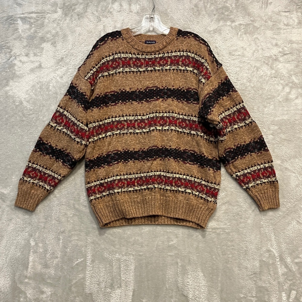 Gant Sweater Mens L Brown Fair Isle Stripe Crewneck 100% Cotton Cosby Grandpa